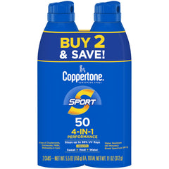 Coppertone Sport sunscreen spray side view 2-pack for easy outdoor sun protection