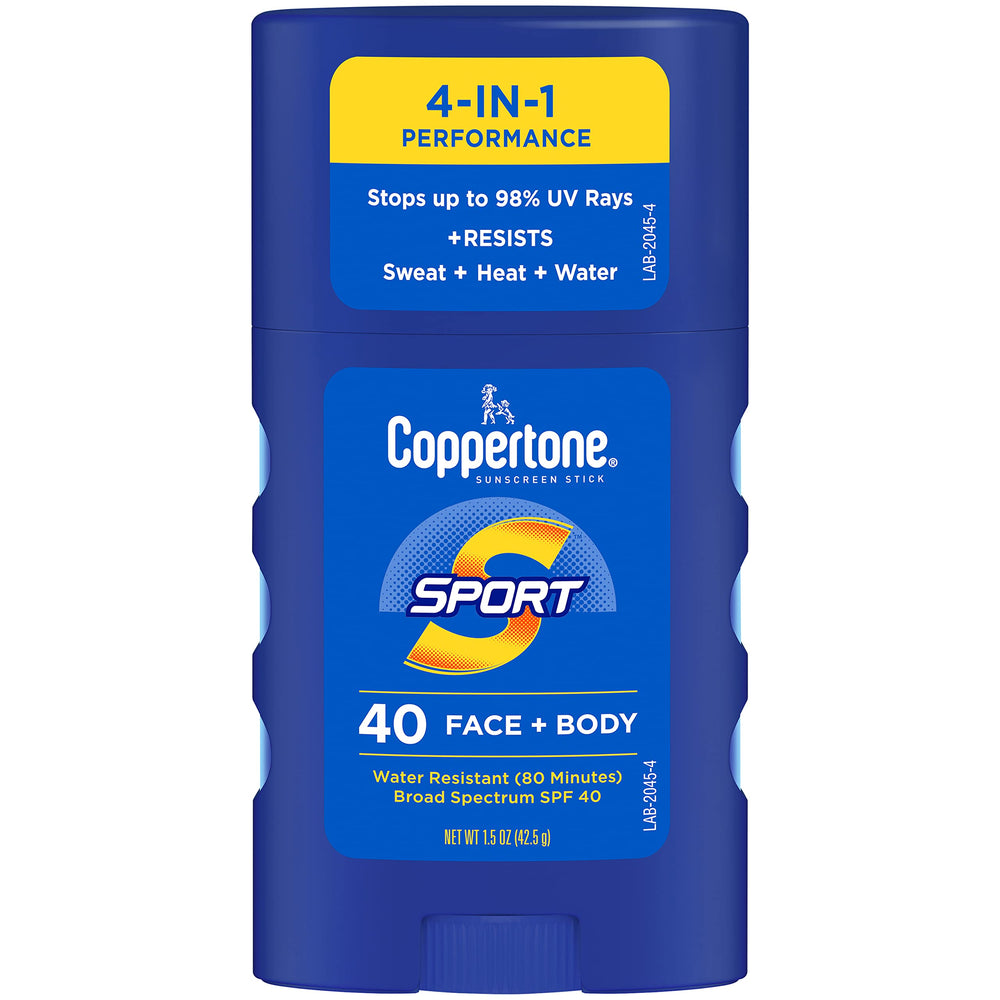 Coppertone Sport SPF 40 sunscreen stick application close-up for quick sun protection.