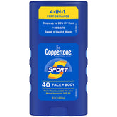 Coppertone Sport SPF 40 sunscreen stick application close-up for quick sun protection.