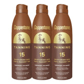 Coppertone tanning sunscreen spray SPF 15 delivers even coverage for outdoor adventures.