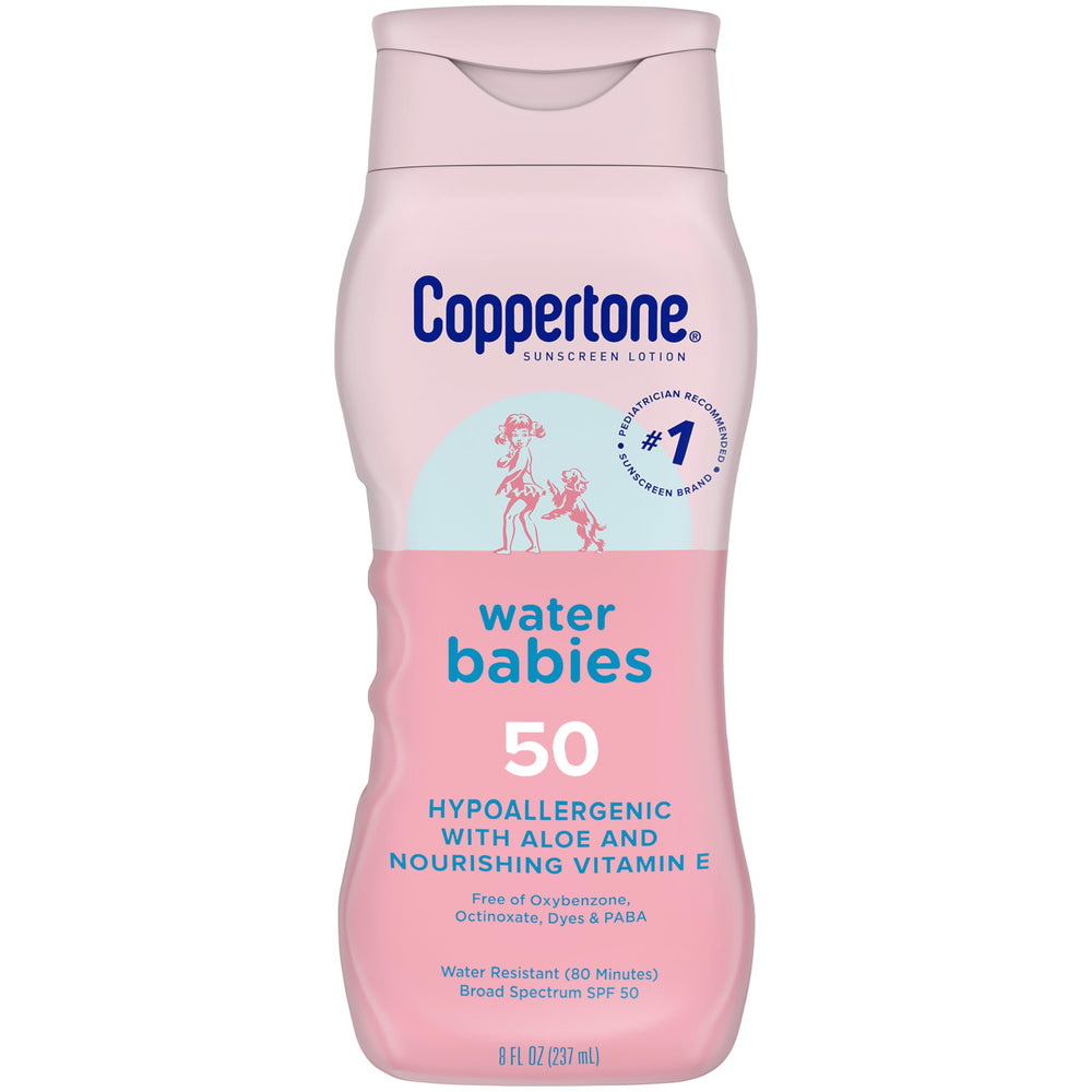 Coppertone WaterBabies SPF 50 sunscreen bottle close-up shows gentle formula and protection.