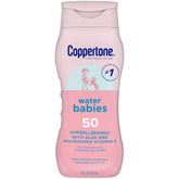 Coppertone WaterBabies SPF 50 sunscreen bottle close-up shows gentle formula and protection.