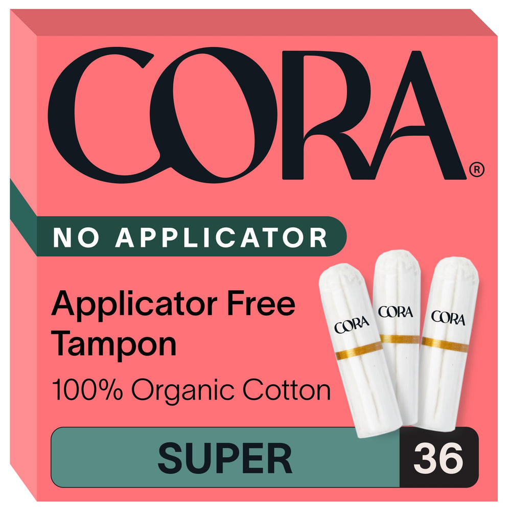 Cora organic cotton non-applicator tampons packaging highlighted for eco-friendly design and simple disposal.