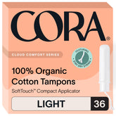 Cora 36-light tampons packaging shows compact design for on-the-go protection.