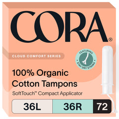 Cora tampons multipack packaging showing 72-count set for different absorbencies.