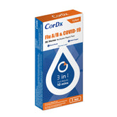 CorDx TyFast 3-in-1 home test kit front view for quick Flu A/B and COVID-19 screening.