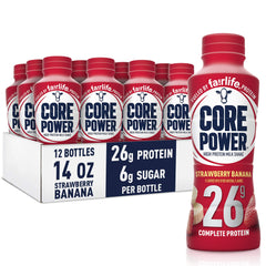 Core Power strawberry banana bottle front view, ideal for post-workout protein.
