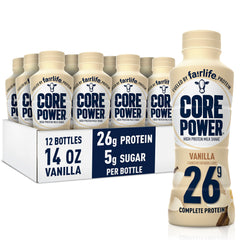 Core Power Vanilla bottle 14oz shows 26g protein per serving for post-workout recovery