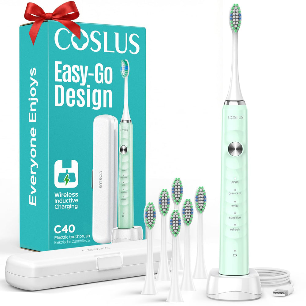 COSLUS C40 toothbrush front view in green, compact and ideal for daily family use