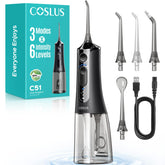 COSLUS C51 portable water flosser with built-in nozzle storage for organized travel.