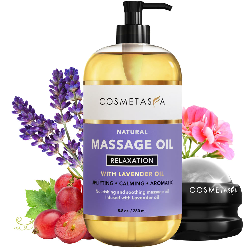 Cosmetasa Lavender Massage Oil bottle close-up for spa-ready relaxation