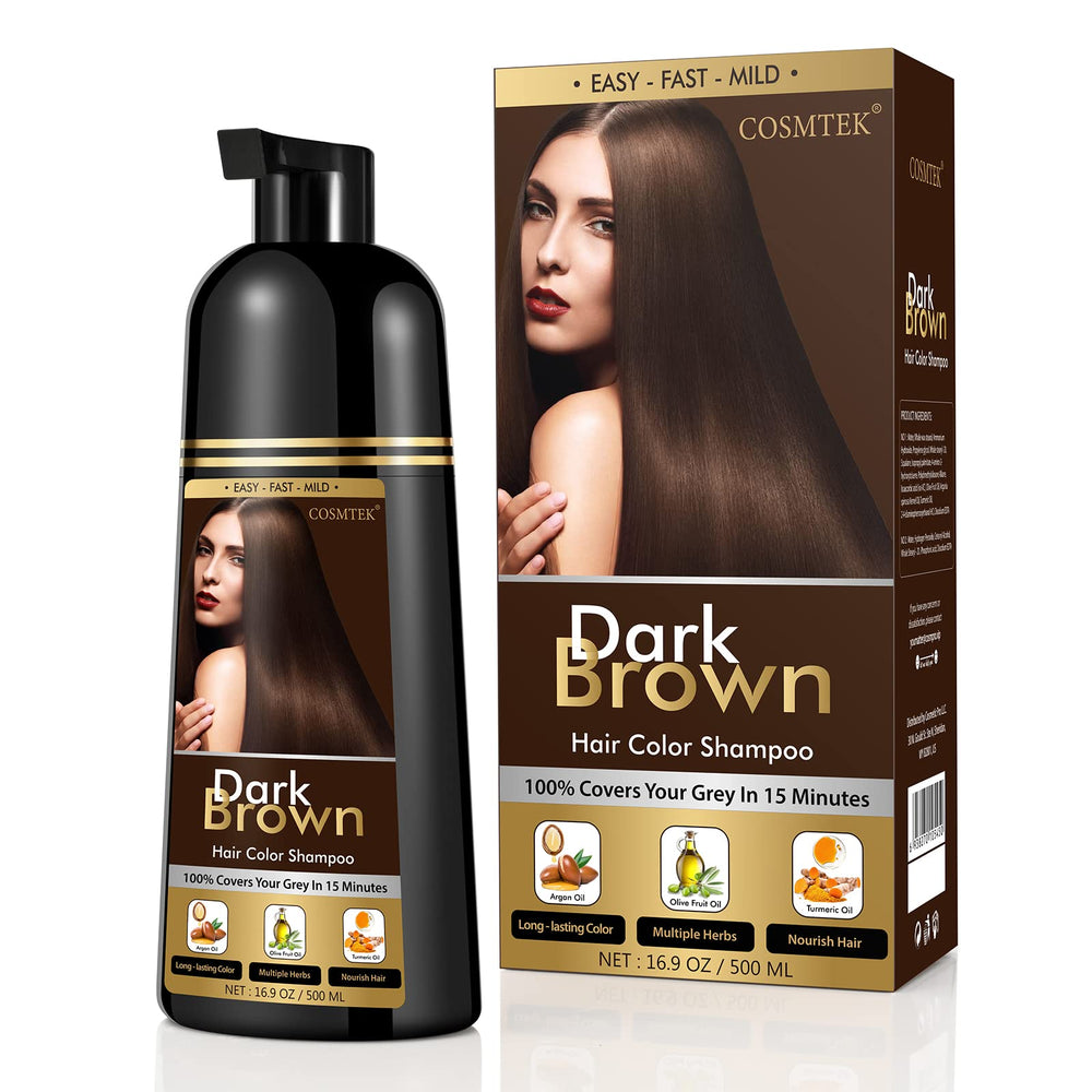 COSMTEK Dark Brown Hair Dye Shampoo bottle—ammonia-free color deposition.