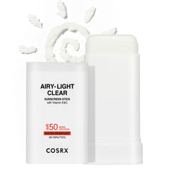 COSRX Airy-Light Clear Sunscreen Stick packaging shown for portable sun protection
