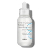 COSRX Hydrium bottle shows triple hyaluronic moisture ampoule for deep hydration.
