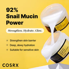 COSRX Snail Mucin 92% Moisturizer jar close-up showing rich gel texture.