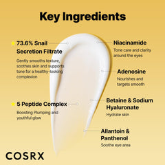 COSRX Snail Mucin Peptide Under Eye Cream ingredients highlight snail mucin and niacinamide