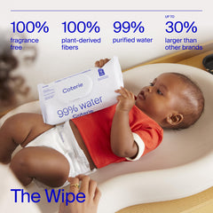 Coterie baby wipes with plant-based fibers for sustainable cleansing.
