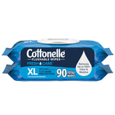 Cottonelle XL flushable wet wipes two flip-top packs for easy dispensing and freshness.