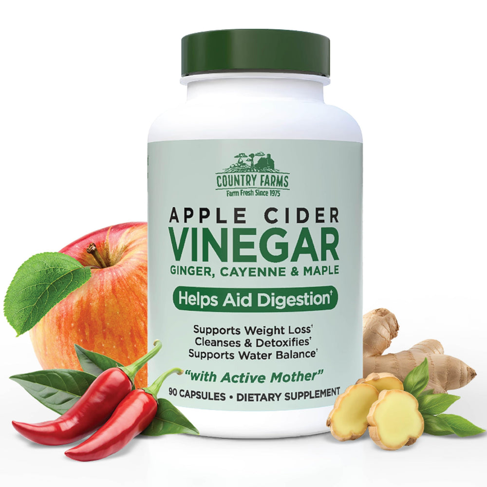 Country Farms Apple Cider Vinegar capsules close-up for digestion support.