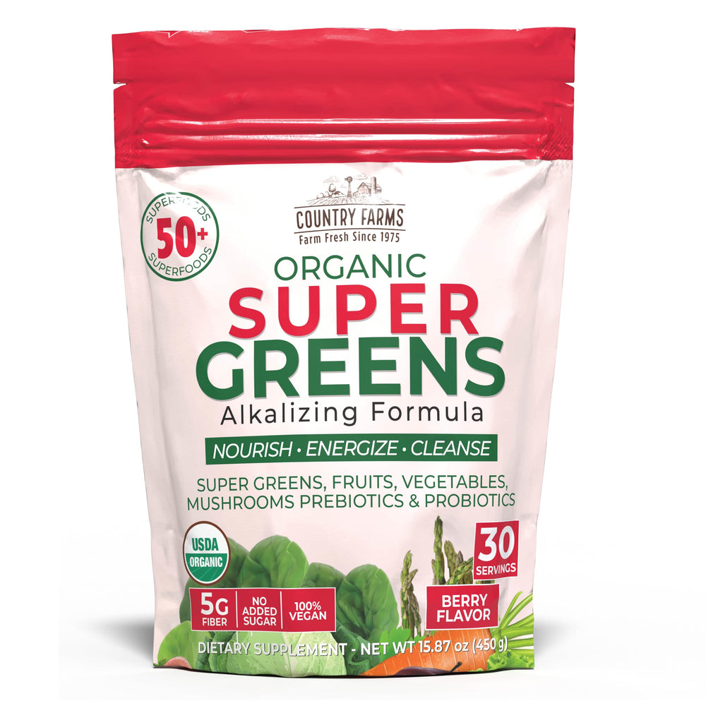 Country Farms Super Greens Berry bag front highlighting organic nutrition and flavor.