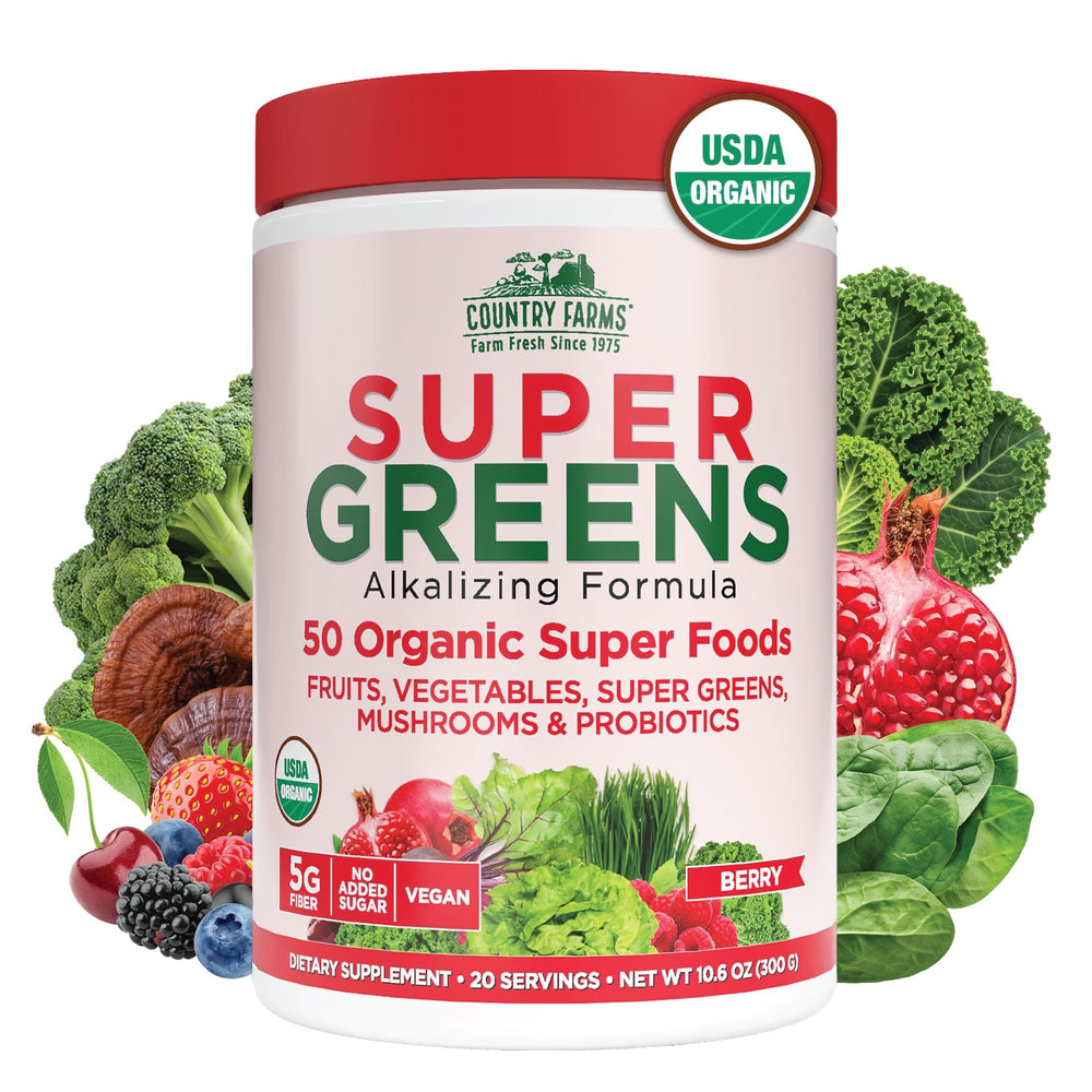 Country Farms Super Greens Berry Flavor bottle front; convenient daily energy boost.