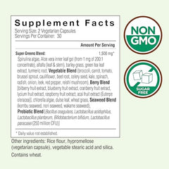 Country Farms Super Greens capsules close-up highlights easy-to-swallow vegetarian capsules.