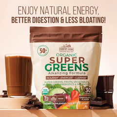 Country Farms Super Greens Chocolate mixed in a glass reveals a smooth, dessert-like color and aroma