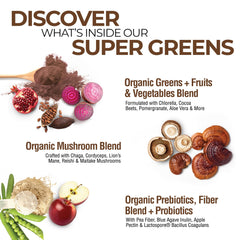 Country Farms Super Greens Chocolate ingredient blend closeup showing berries, greens, and mushrooms