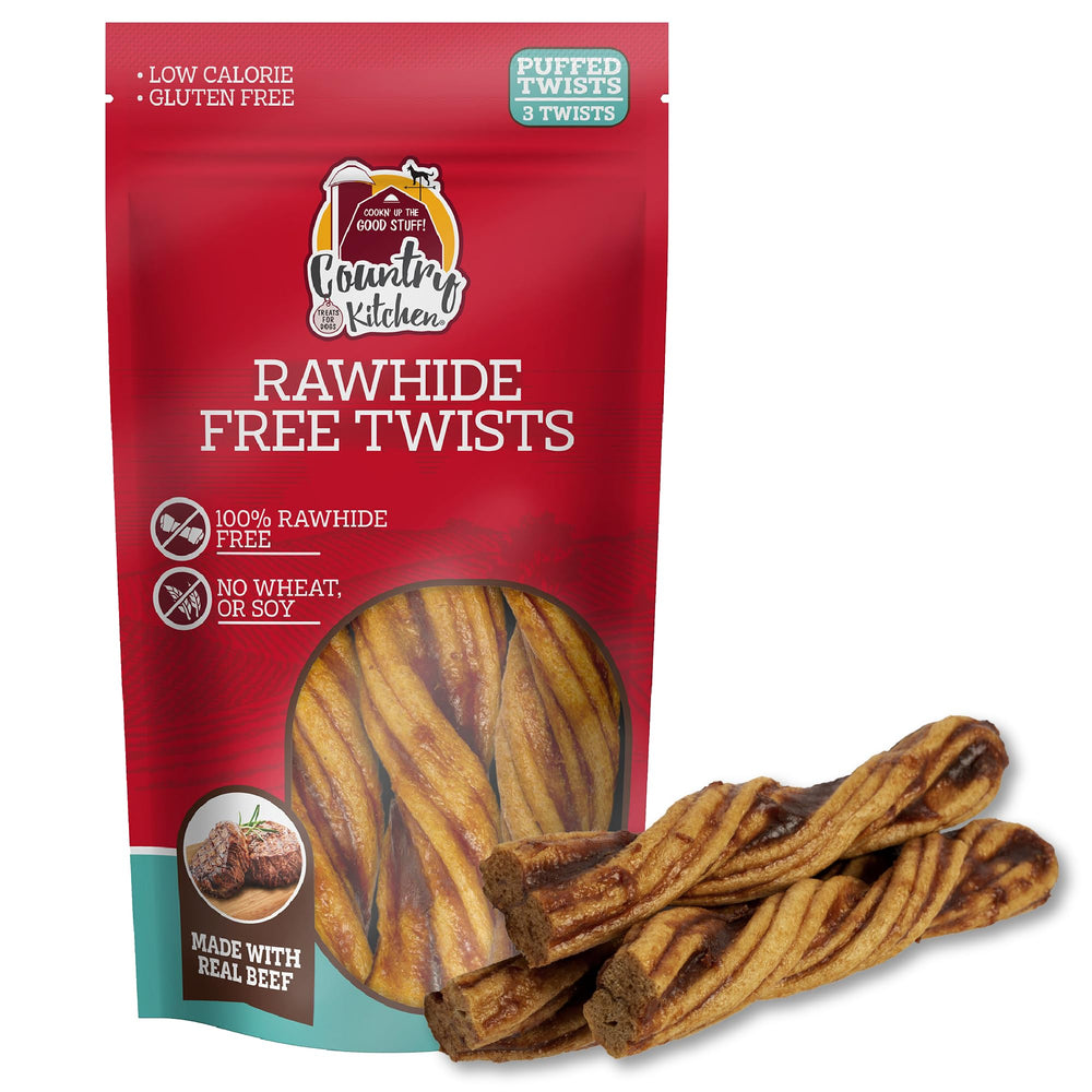 Country Kitchen rawhide-free beef twists pack, real meat flavor for dogs.