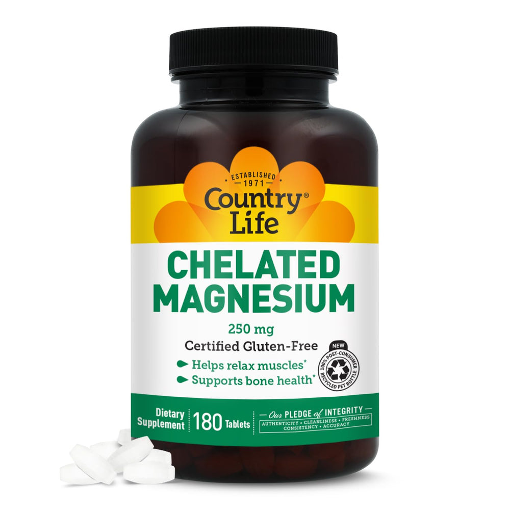 Country Life Chelated Magnesium 250mg bottle being poured to support daily wellness.