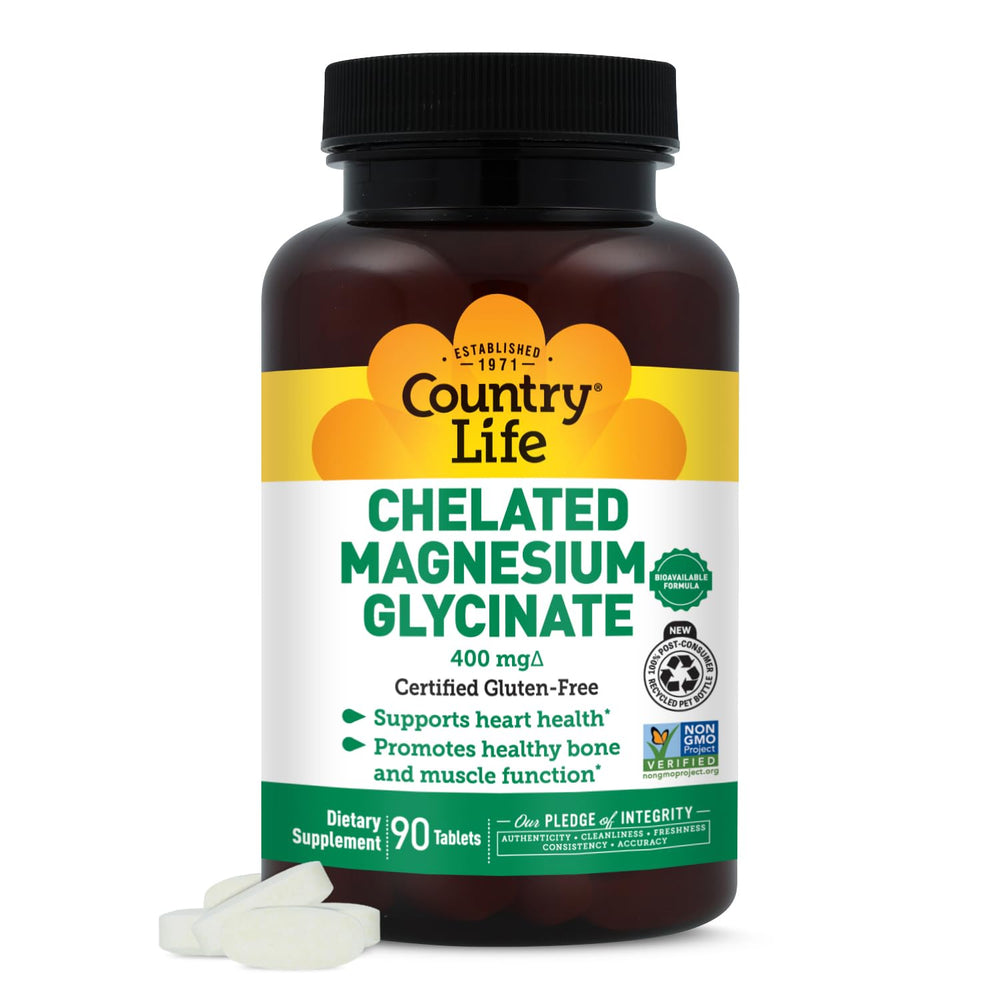 Country Life chelated magnesium glycinate bottle for high-absorption daily support.