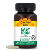 Country Life Easy Iron 25 mg bottle front with vegan, gluten-free formulation for daily energy.