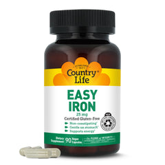 Country Life Easy Iron 25 mg bottle front with vegan, gluten-free formulation for daily energy.