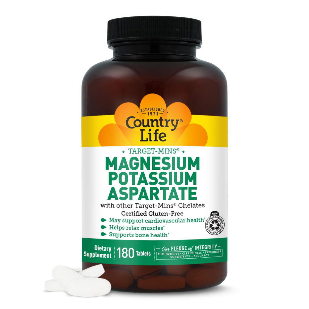 Country Life magnesium and potassium bottle on a counter, supporting daily heart health.