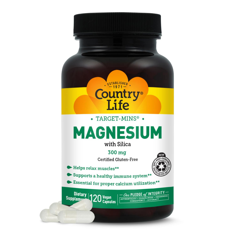 Country Life Target-Mins Magnesium with Silica bottle front showing 300 mg for daily muscle support