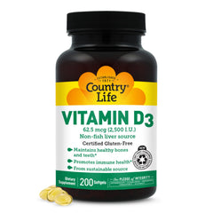 Country Life Vitamin D3 2500 IU softgel bottle front for daily bone support