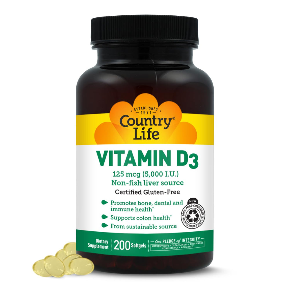 Country Life Vitamin D3 5000 IU bottle for daily bone and immune support.