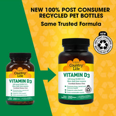 Country Life Vitamin D3 capsules showing MCT base for easy absorption.