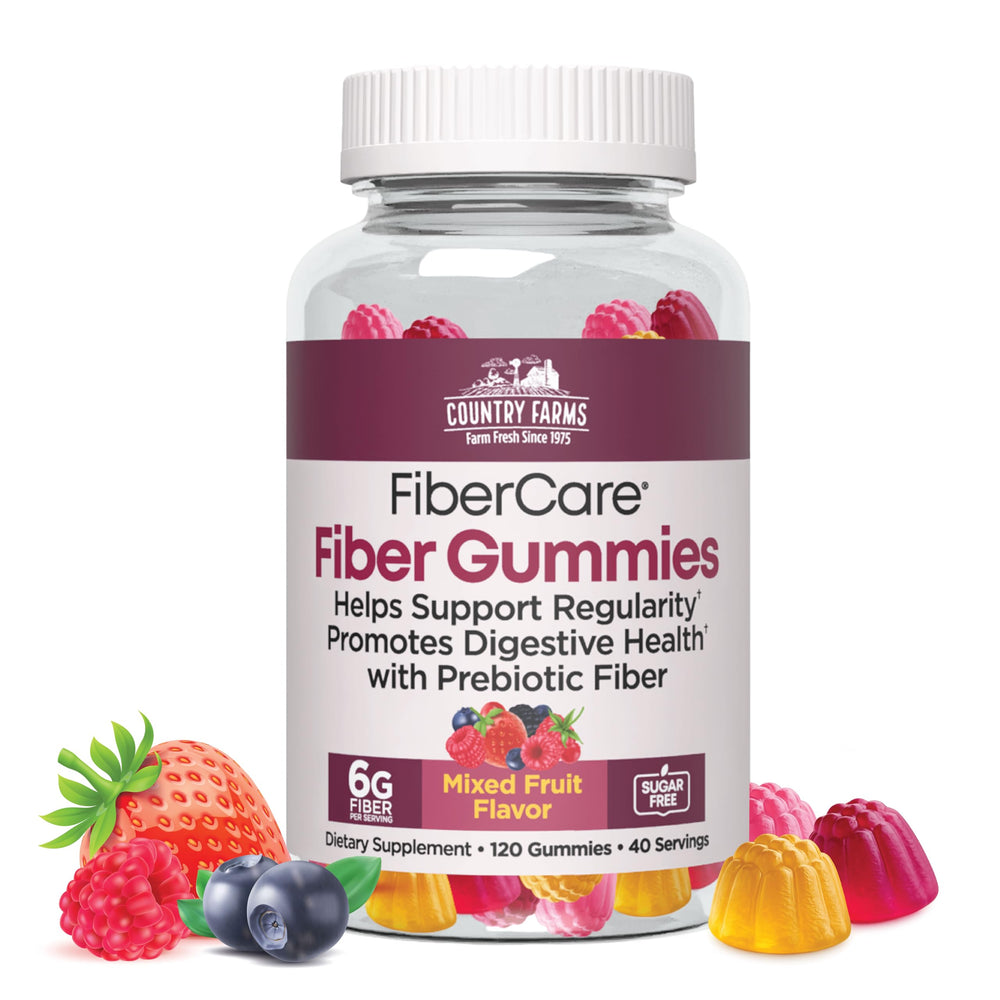 Country Farms Fiber Care Gummies bottle front with mixed fruit flavor for digestive support
