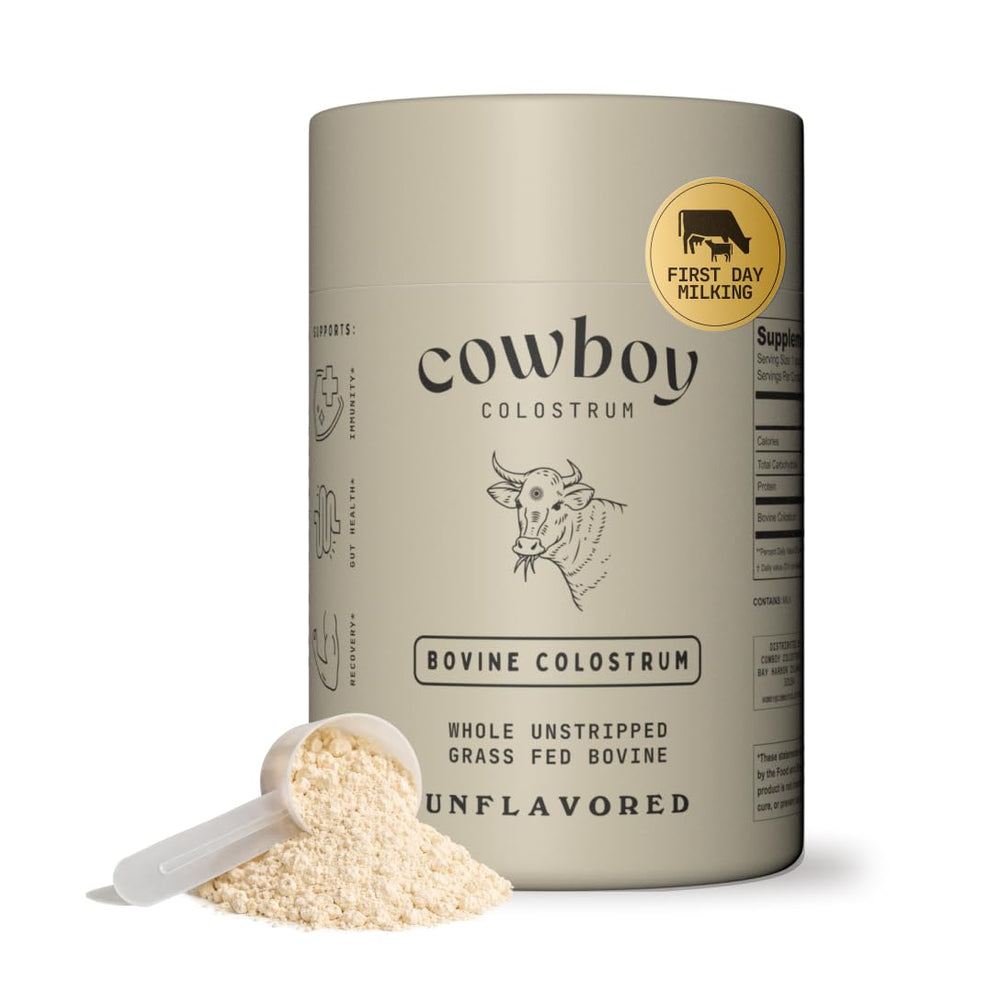 Cowboy Colostrum bottle close-up highlighting first-day milking for bioactive nutrients