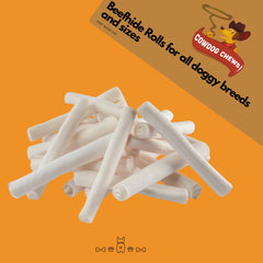 Cowdog Chews Beefhide Roll in action demonstrates a sturdy, beef-flavored chew for dogs