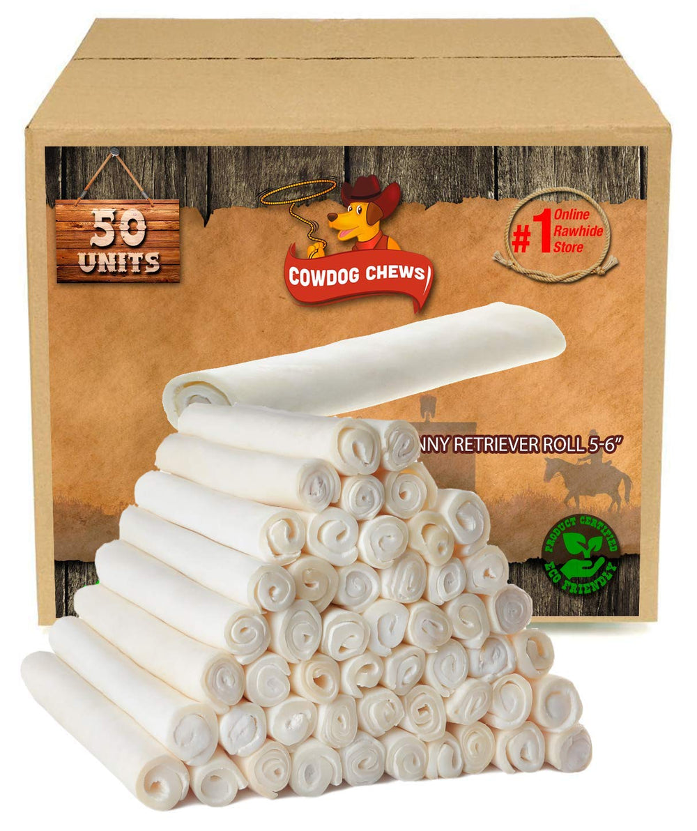 Cowdog Chews pack shot displaying a 50-pack of natural rawhide chews for dogs