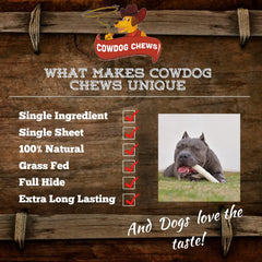 Cowdog Chews pasture-raised cattle rawhide for safe chewing sessions.