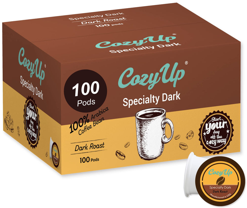 Cozy Up dark pods pack ready for Keurig brewers with bold aroma for morning kick.