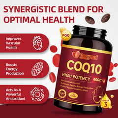 Cozynol CoQ10 softgels on wood table conveys a daily wellness routine.