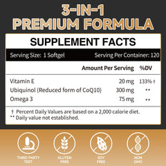 Cozynol ubiquinol 300mg softgel label highlighting ingredients and quality.