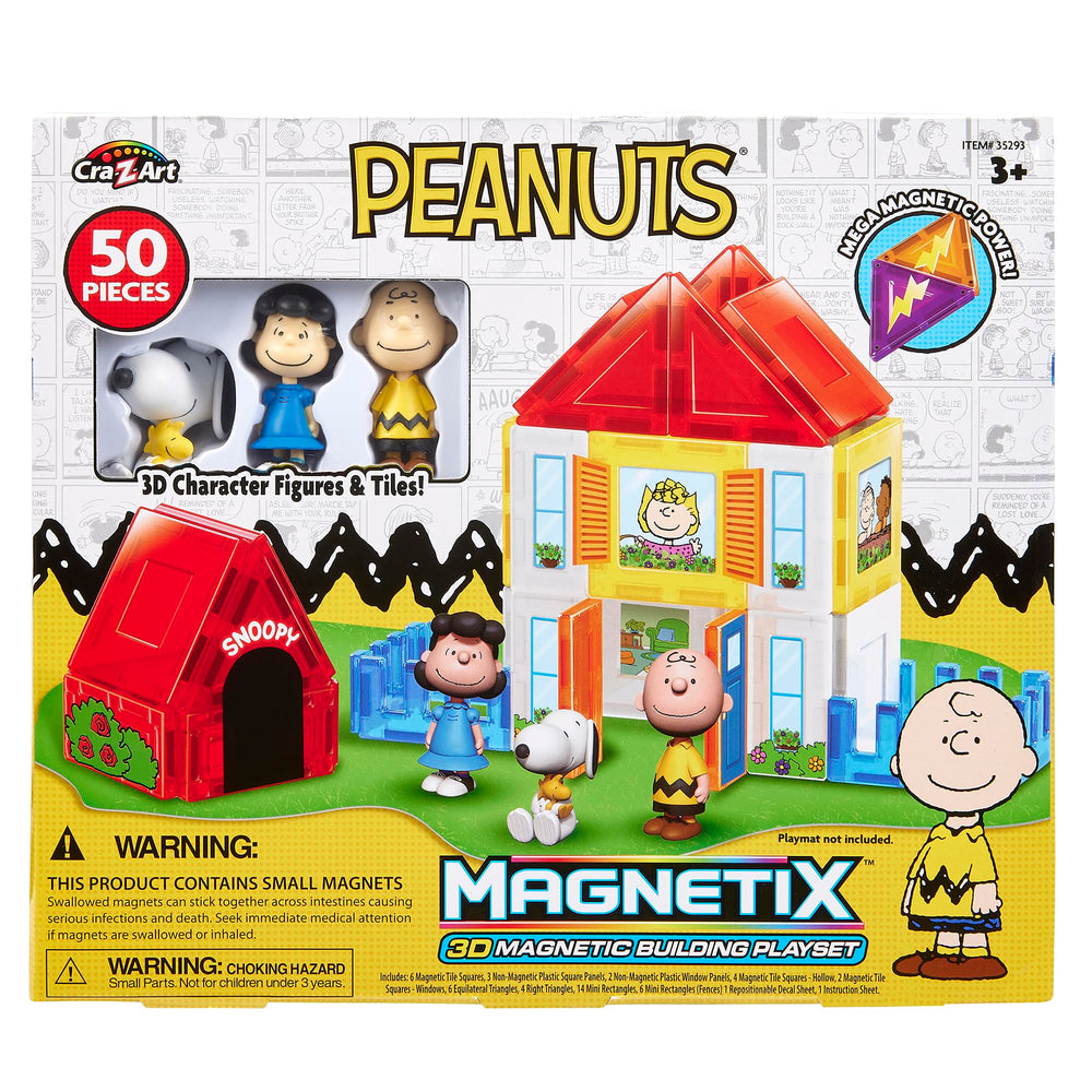 Cra-Z-Art Magnetix Peanuts Charlie Brown house tile set showing vibrant, durable building pieces