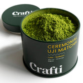Crafti ceremonial matcha powder jar closeup ideal for premium lattes.