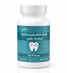 Crait remineralizing gum bottle with 70 mg hydroxyapatite per piece for enamel-friendly freshness.