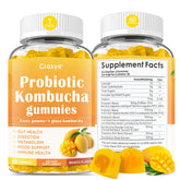 Crasye Probiotic Kombucha Gummies bottle featuring mango flavor for daily digestive support.